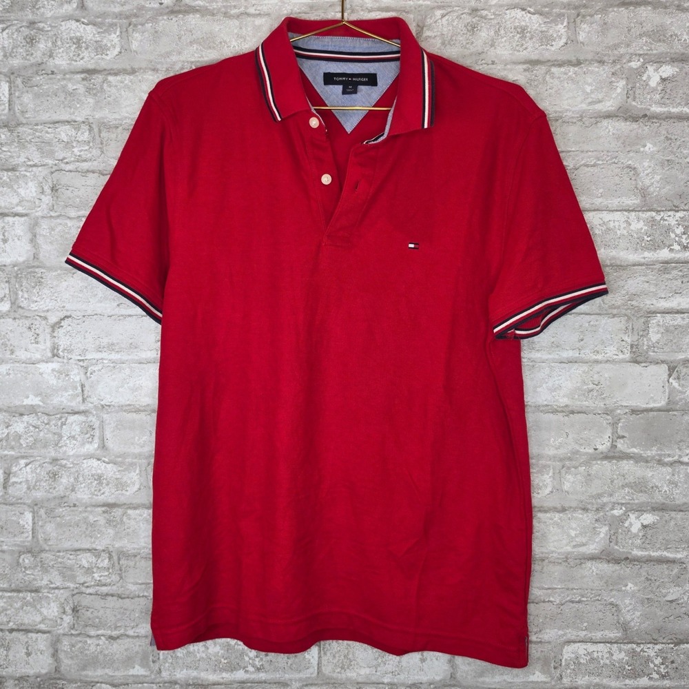 Tommy Hilfiger Polo Shirt Red Short Sleeve Striped Trim Preppy Classic M